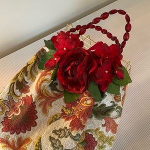 Vintage Brocade/ Floral Tapestry Handbag Purse w/Red Beaded Handle.